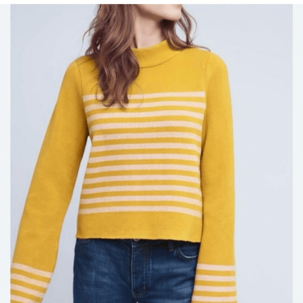 Moth Anthropologie Mock Neck Sweater Yellow Striped Knit Size Small Soft Cozy